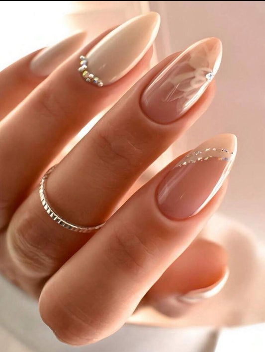 Medium Almond French Tip Having Flower Glitter And Rhinestone Elegant Design  Press On Nails image 0