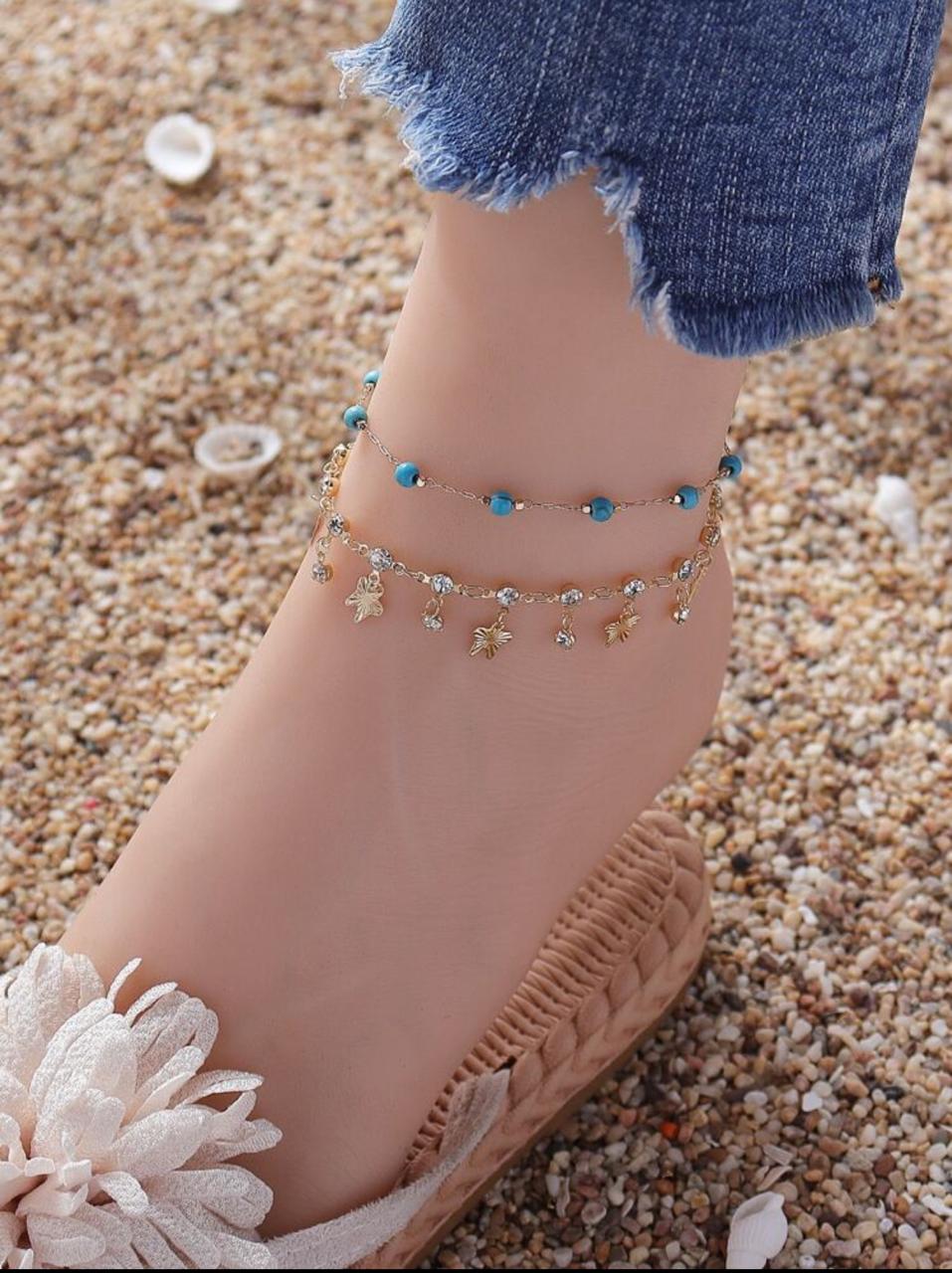 2pcs Fashionable And Shiny Faux Diamond Butterfly Glass Beaded Anklet image 0