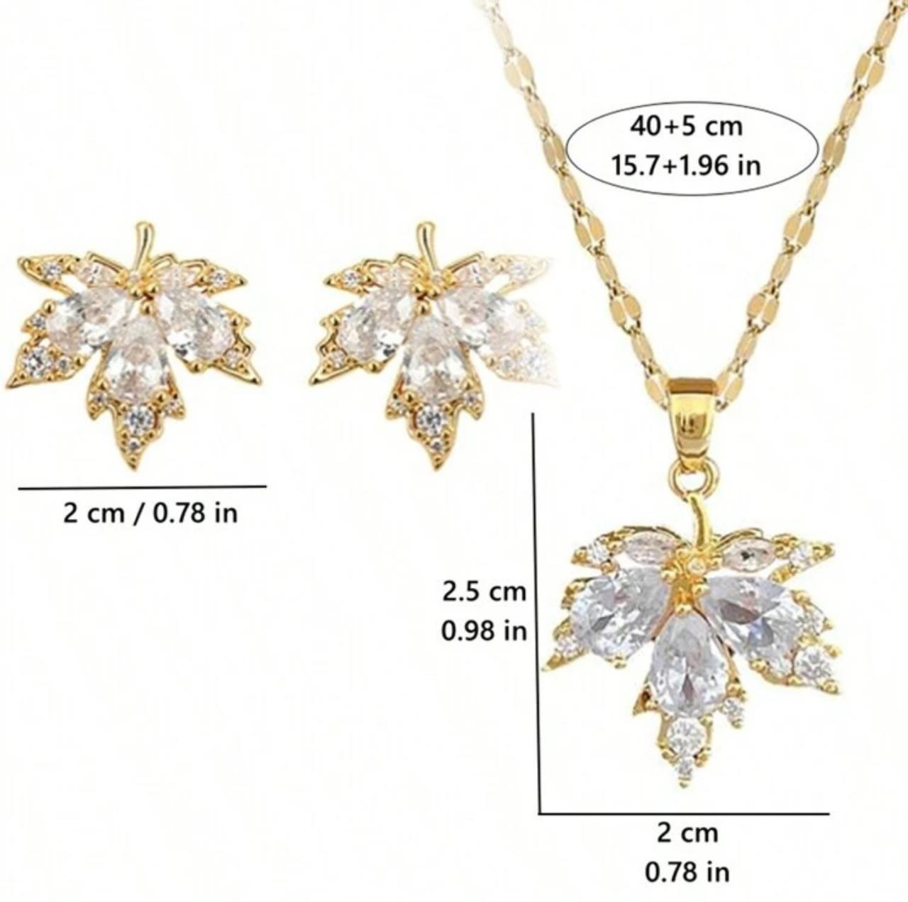 Stylish Cubic Zirconia Maple Leaf Necklace Set image 2