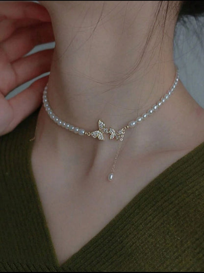 Gold Plated Water Drop & Rhinestone Faux Pearl Butterfly Pendant Necklace image 2