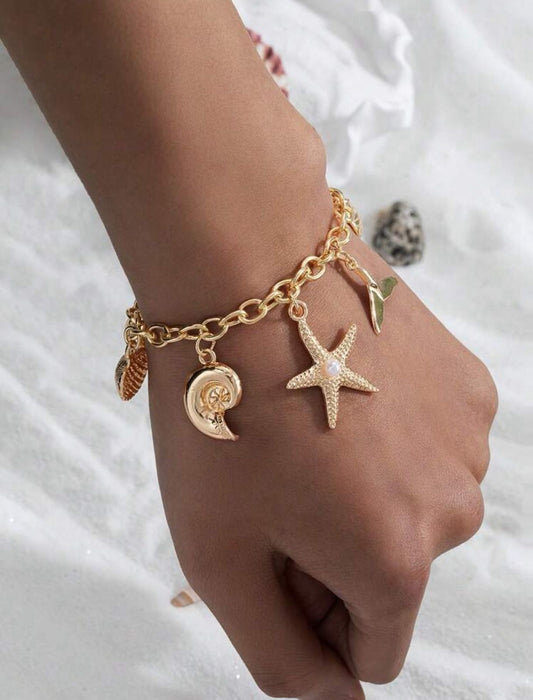 18K Gold Plated Alloy Starfish, Shell, Mermaid Pendant Bracelet, Suitable For Daily Wear And Vacation image 1
