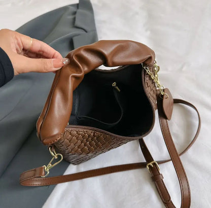 Woven Pattern Handbag For Women, Stylish Mini Crossbody Bag, Simple Ruched Hobo Bag & Purse image 4