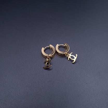 Gold Hoop Earrings with Dangling Double-C Charm image 0
