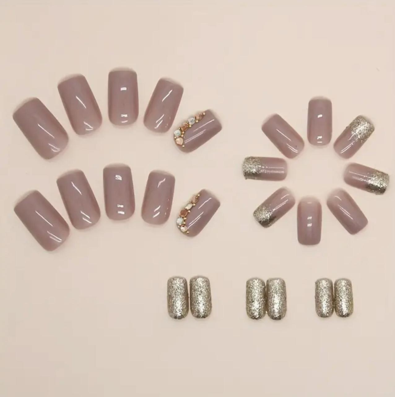 Luxury French Tip Press-On Golden Glitter Accents, Glossy Finish, Short Square Shape Nails image 1