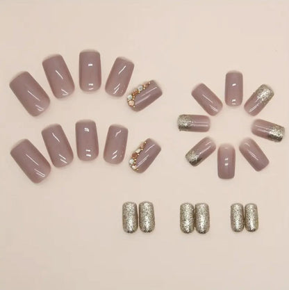 Luxury French Tip Press-On Golden Glitter Accents, Glossy Finish, Short Square Shape Nails image 1
