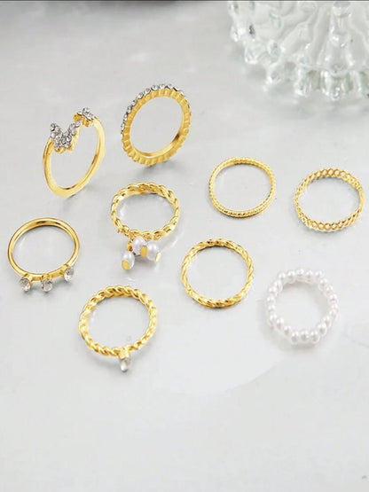 9pcs European And American Sweet Double Inlaid Diamond Artificial Pearl Butterfly Ring image 1