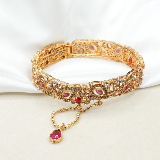 Pair of Elegant Gold-Plated Bangle with Multicolored Gemstones & Dangling Charm. (Openable) image 1