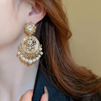 JHUMKAI Elegant Women's Tassel Earrings with Faux Pearls & Rhinestones - 925 Silvery Posts for Everyday & Party Wear image 2