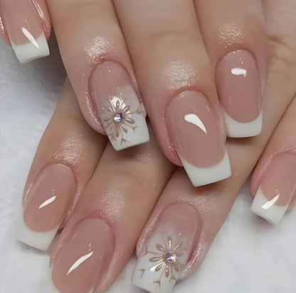 Square Snowflake French 3D Faux Gem Textured Casual Fake Nails image 1