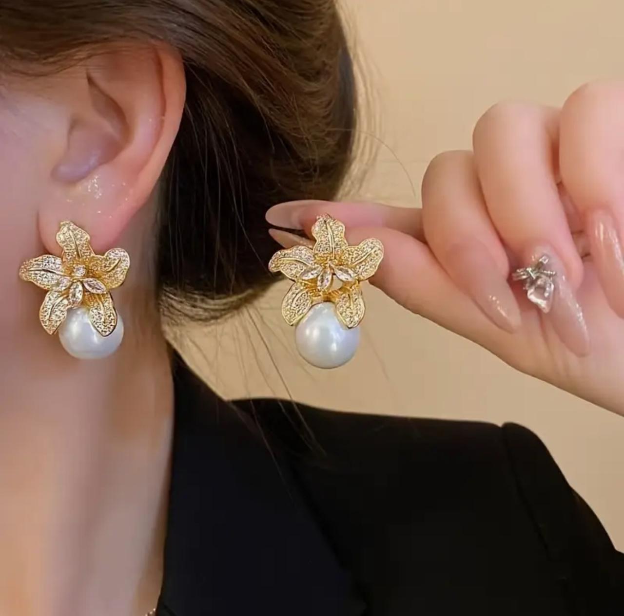 Elegant daisy earring with simulated diamonds and pearl accents, luxury charm for parties and daily wear image 0
