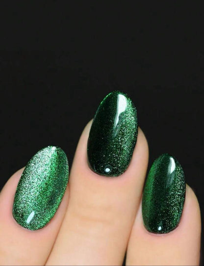 Y2K Short Oval Green Crystal Cat Eye Tip Press On Nails image 1