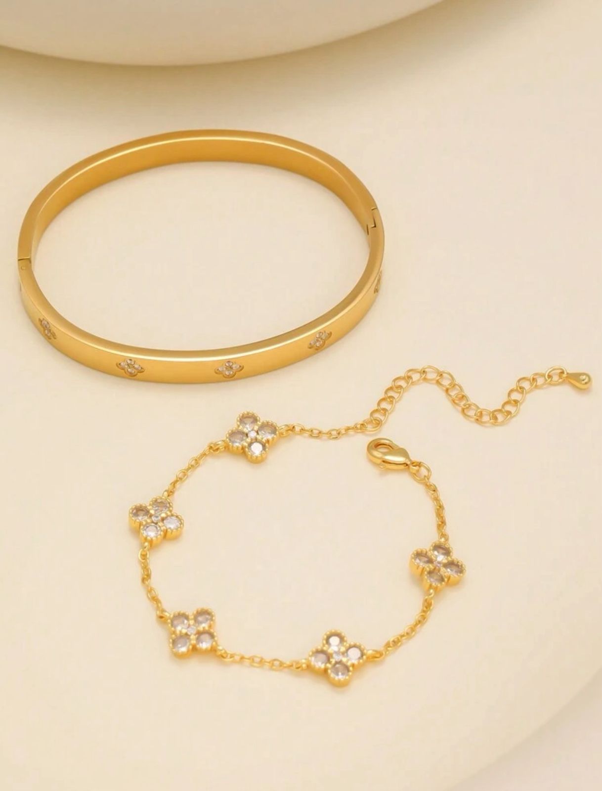 Premium Luxury Elegant 4-Leaf Clover Zirconia Stainless Steel Bracelet & Bangle Set image 5