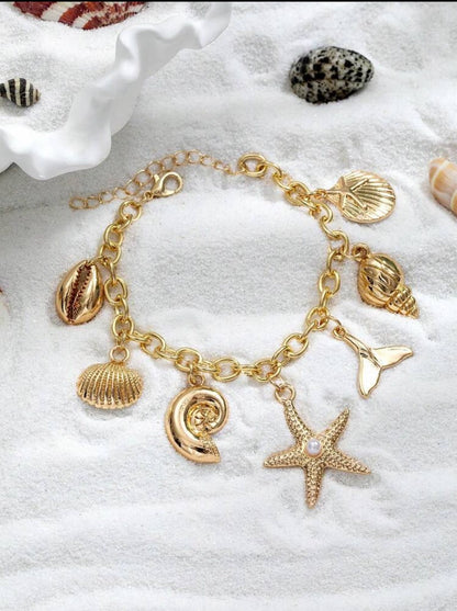 18K Gold Plated Alloy Starfish, Shell, Mermaid Pendant Bracelet, Suitable For Daily Wear And Vacation image 3