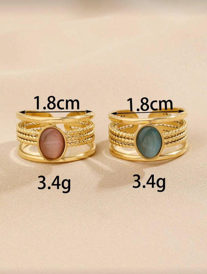 Aqua & Blush Oval Stone Stainless Steel Ring