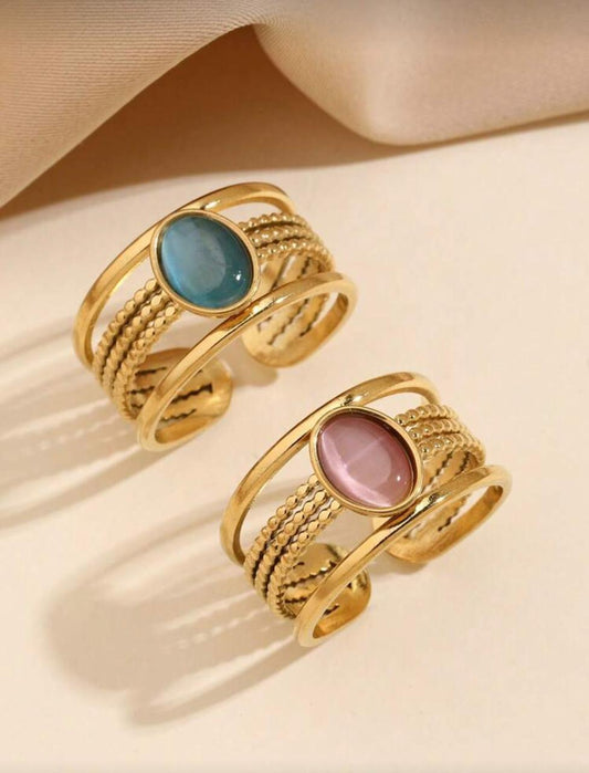 Aqua & Blush Oval Stone Stainless Steel Ring