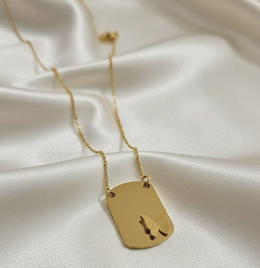 Gold Butterfly Dog Tag Necklace – Stainless Steel