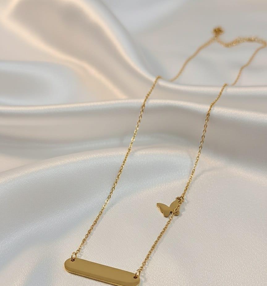 Gold Bar Necklace with Butterfly Accent – Stainless Steel
