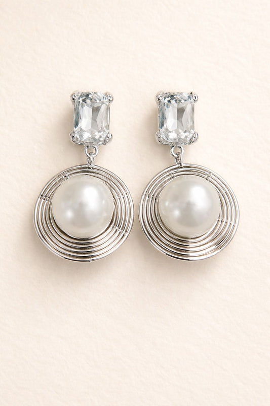 Silver Pearl Drop Earrings with Crystal Studs