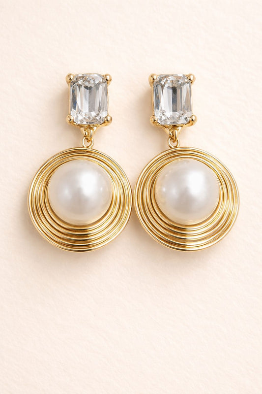 Silver Pearl Drop Earrings with Crystal Studs
