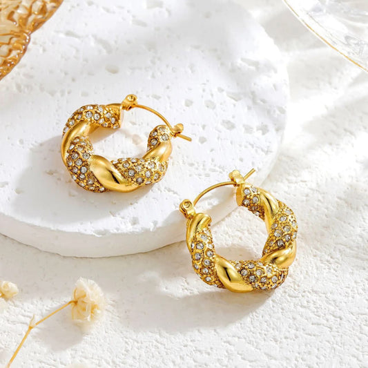Twisted Gold Crystal Hoop Earrings