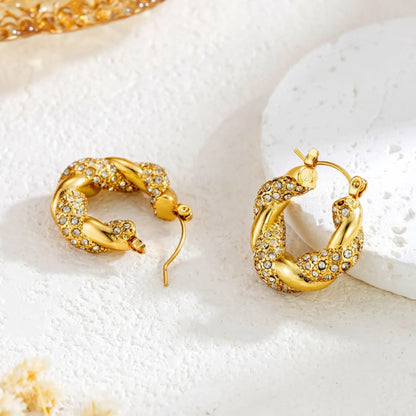 Twisted Gold Crystal Hoop Earrings