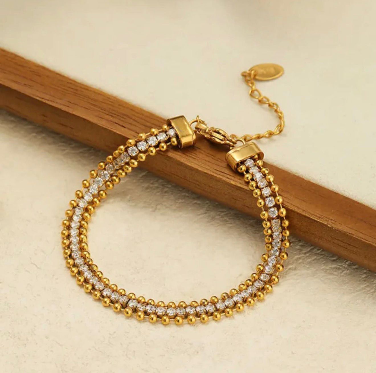 Gold Beaded & Zircon Double Line Bracelet