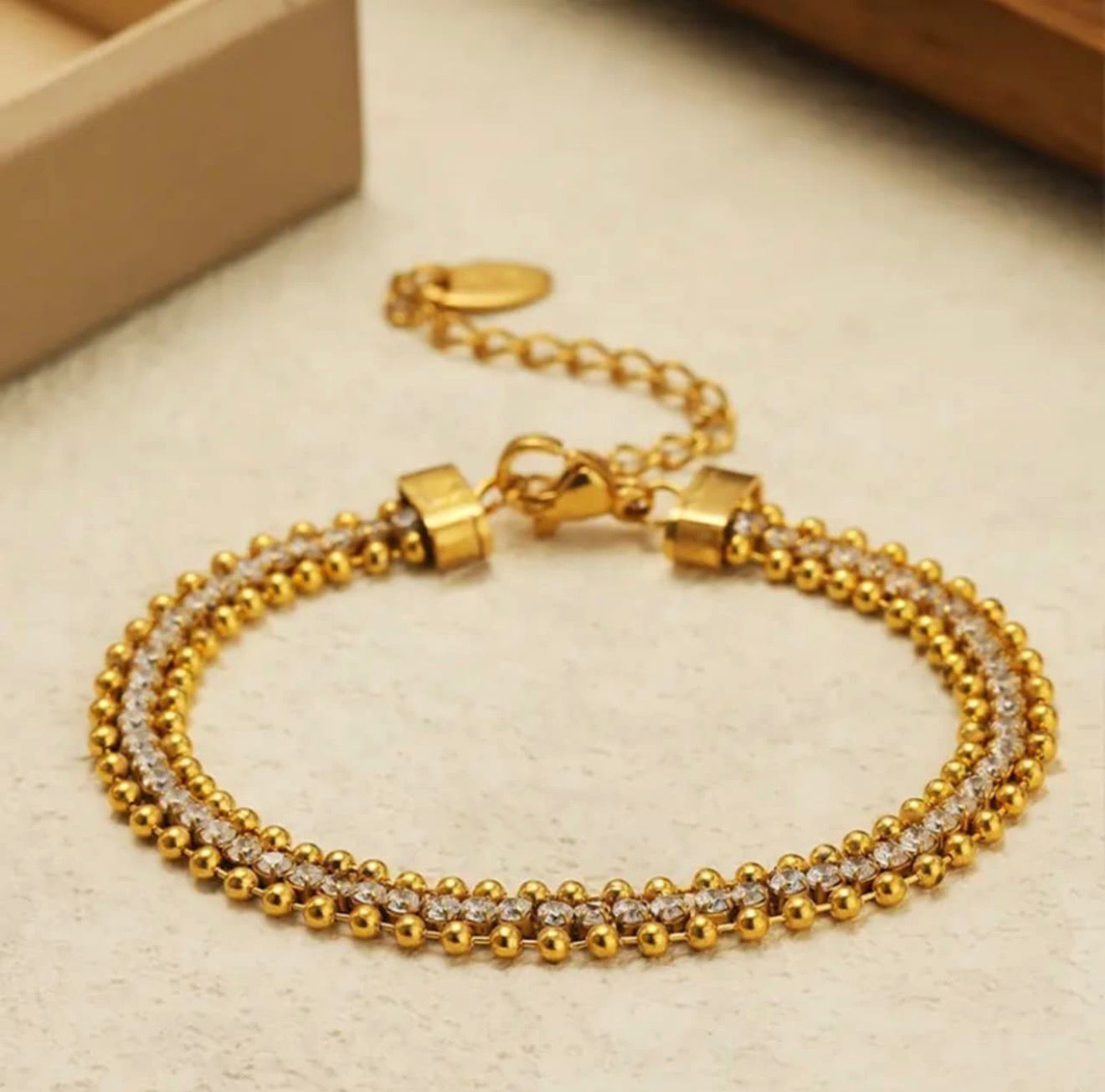 Gold Beaded & Zircon Double Line Bracelet