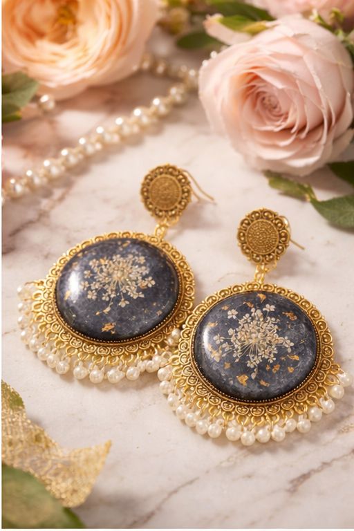 Midnight Bloom Resin Earrings with Preserved Flowers & Pearl Tassels