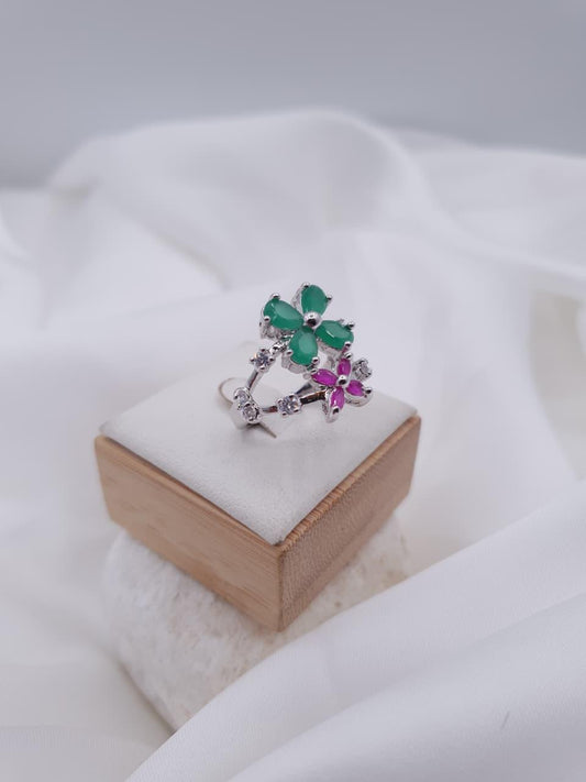 Emerald & Ruby Bloom Floral Adjustable Ring