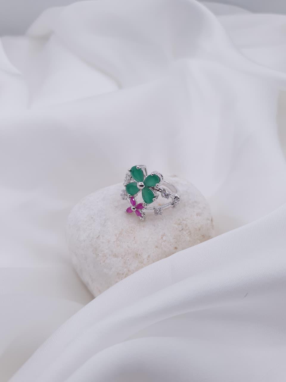 Emerald & Ruby Bloom Floral Adjustable Ring