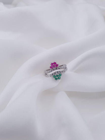 Floral Duo Zircon with Pink & Green Stones Silver Plated Ring
