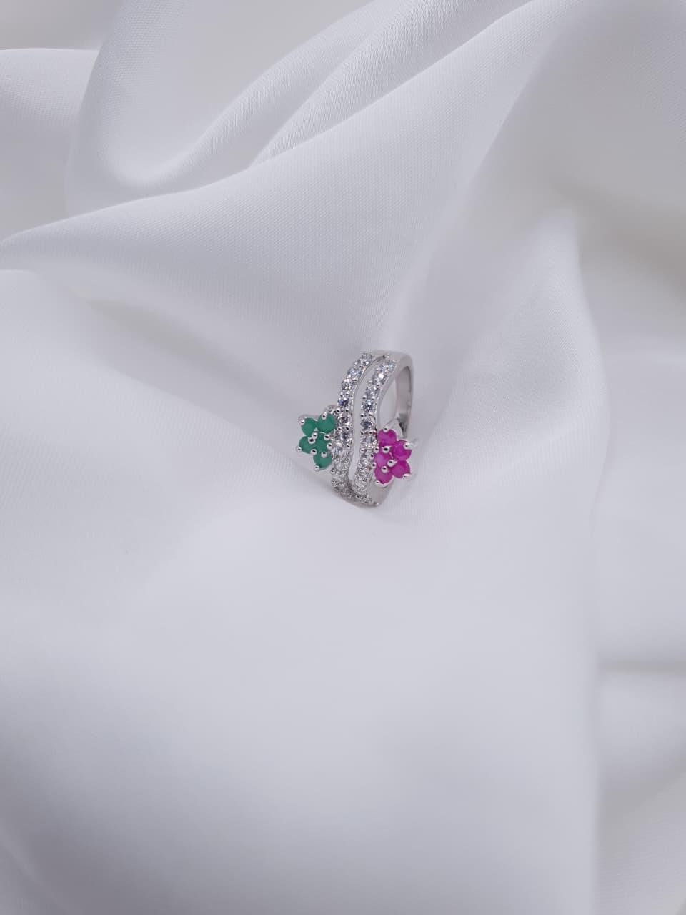 Floral Duo Zircon with Pink & Green Stones Silver Plated Ring