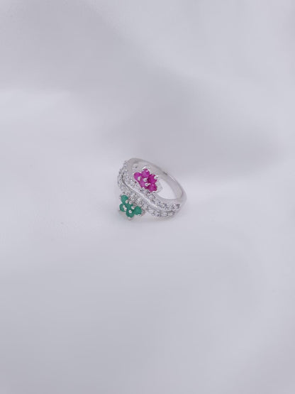 Floral Duo Zircon with Pink & Green Stones Silver Plated Ring