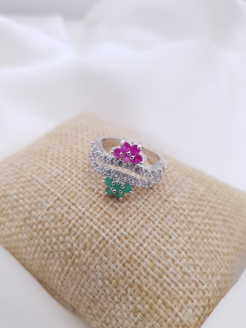 Floral Duo Zircon with Pink & Green Stones Silver Plated Ring