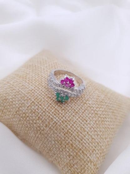 Floral Duo Zircon with Pink & Green Stones Silver Plated Ring