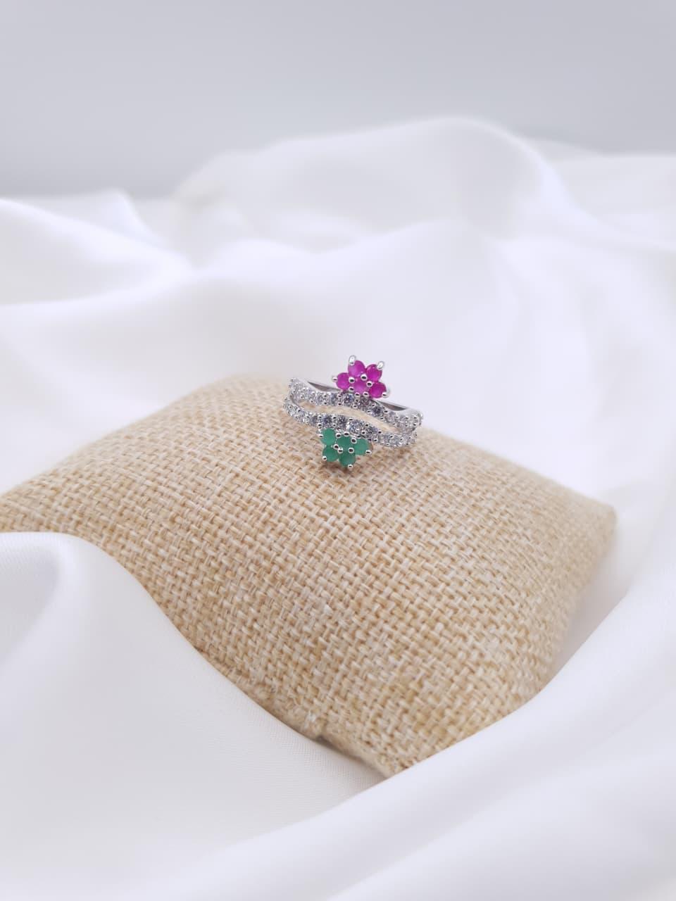 Floral Duo Zircon with Pink & Green Stones Silver Plated Ring