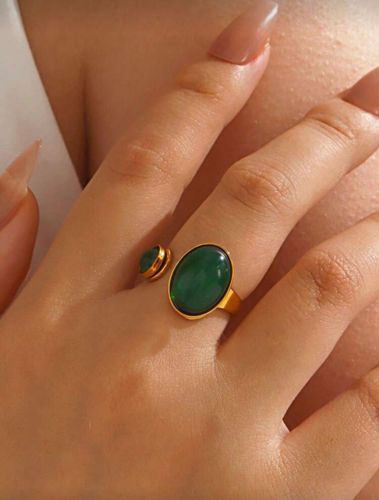 Emerald Oval Stainless Steel Adjustable Ring