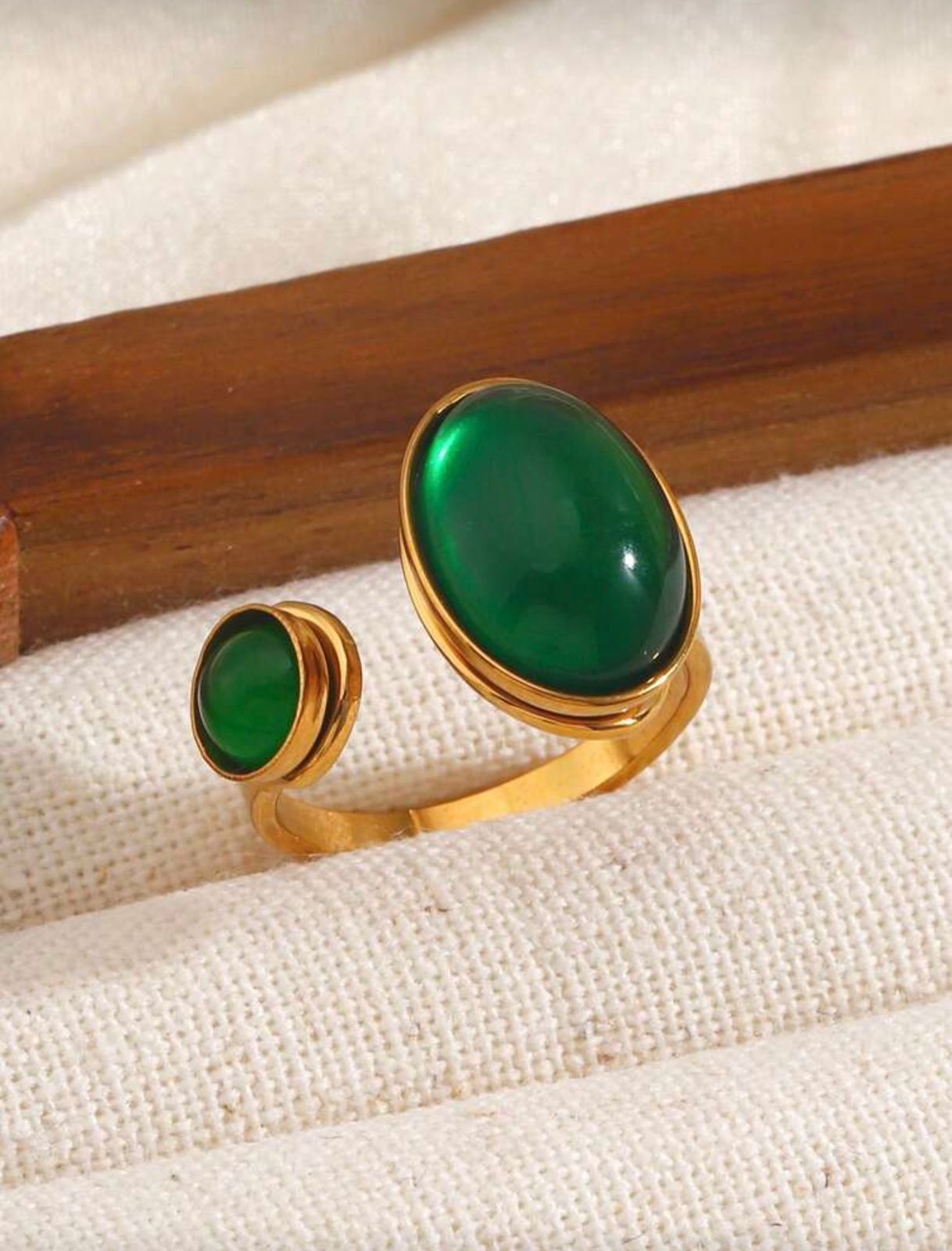 Emerald Oval Stainless Steel Adjustable Ring