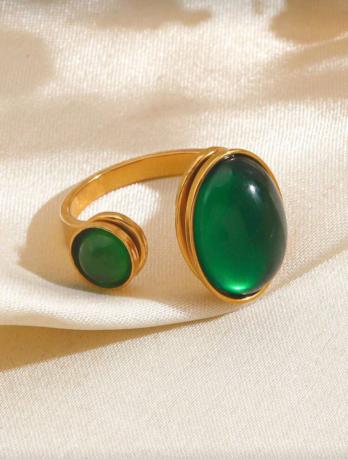 Emerald Oval Stainless Steel Adjustable Ring
