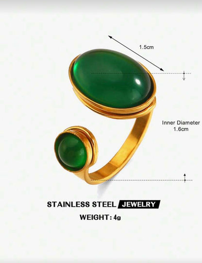 Emerald Oval Stainless Steel Adjustable Ring