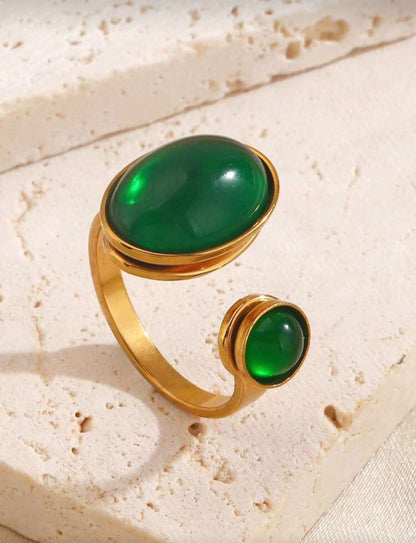 Emerald Oval Stainless Steel Adjustable Ring