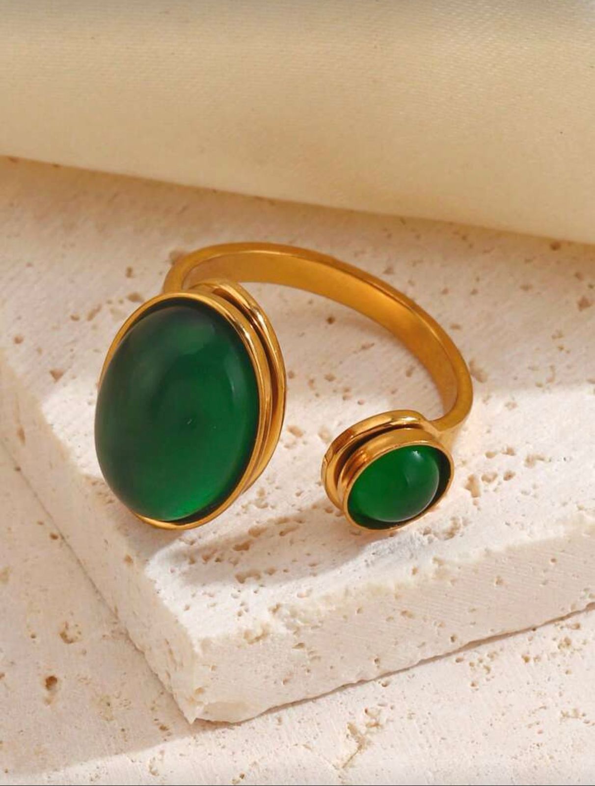 Emerald Oval Stainless Steel Adjustable Ring