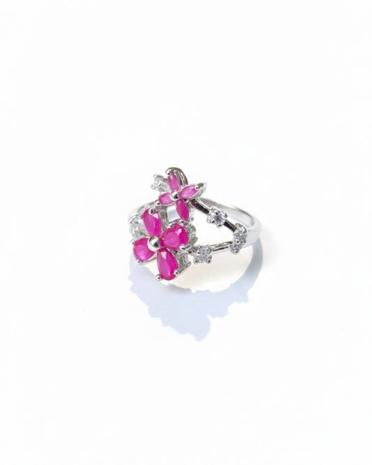 Emerald & Ruby Bloom Floral Adjustable Ring