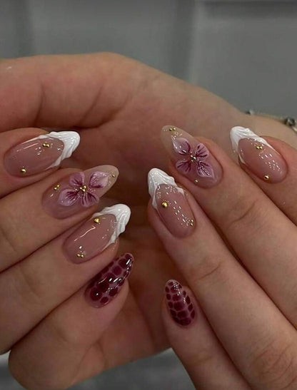 Blooming Grace – Almond-Shaped 3D Floral Gel Nail Stickers (24 Pcs)