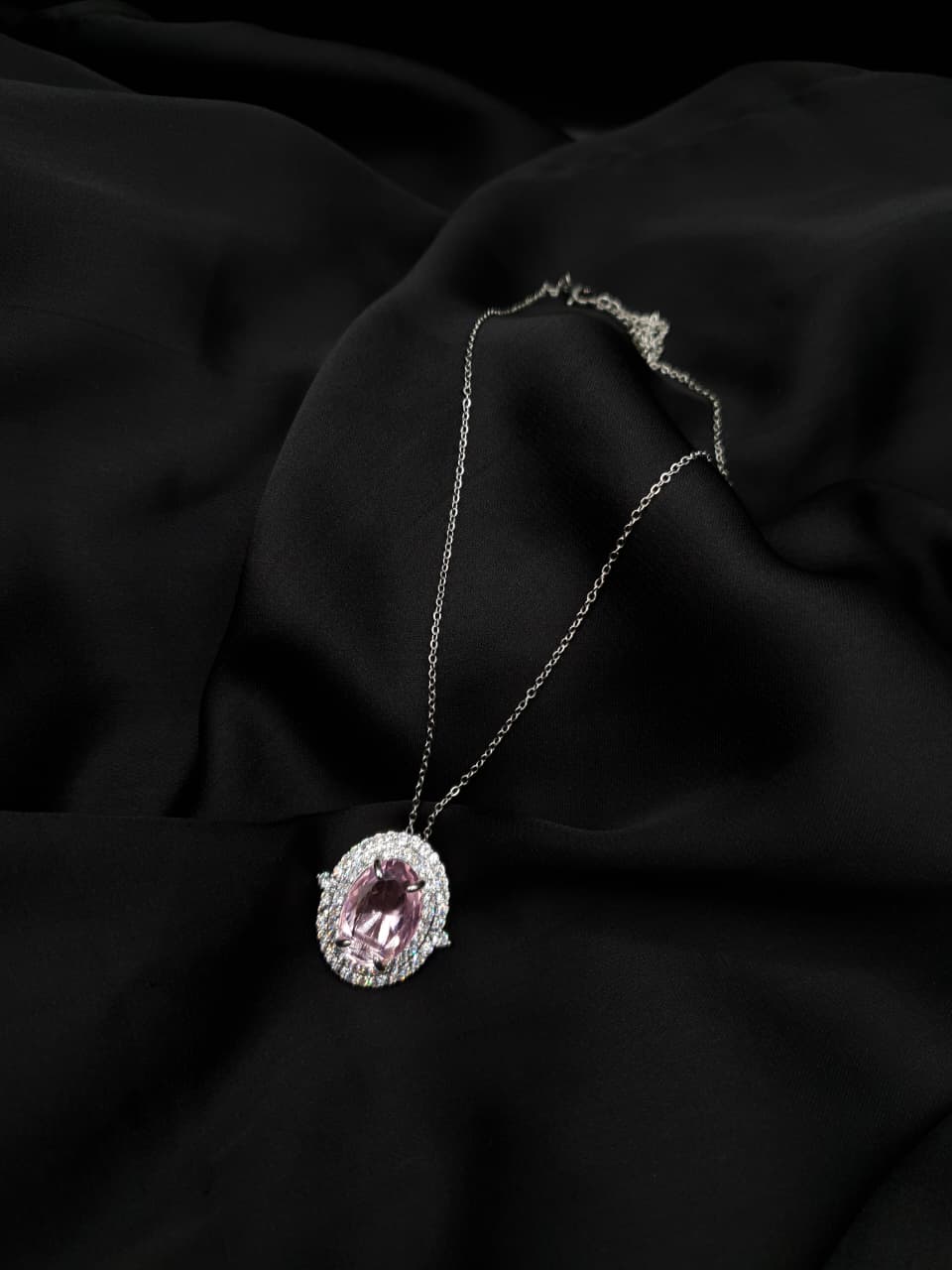 Pink Oval Zirconia Halo Necklace
