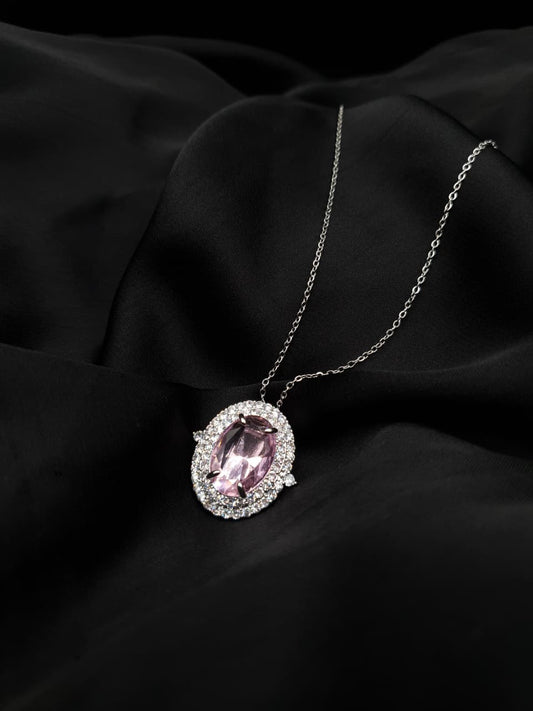Pink Oval Zirconia Halo Necklace