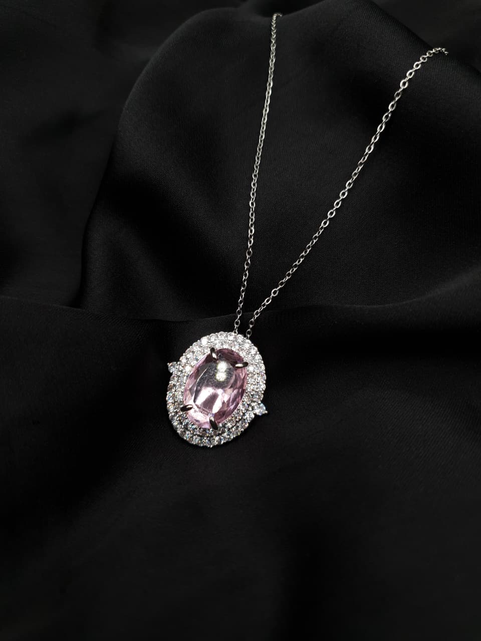 Pink Oval Zirconia Halo Necklace