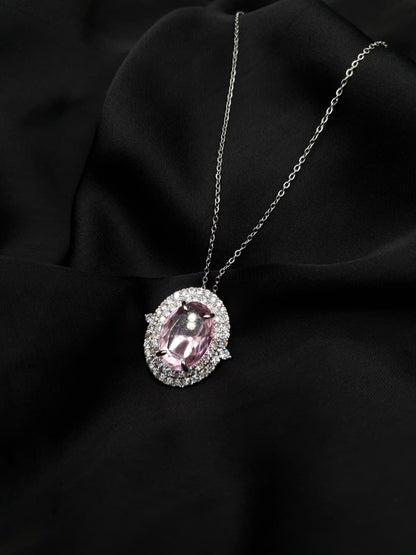 Pink Oval Zirconia Halo Necklace