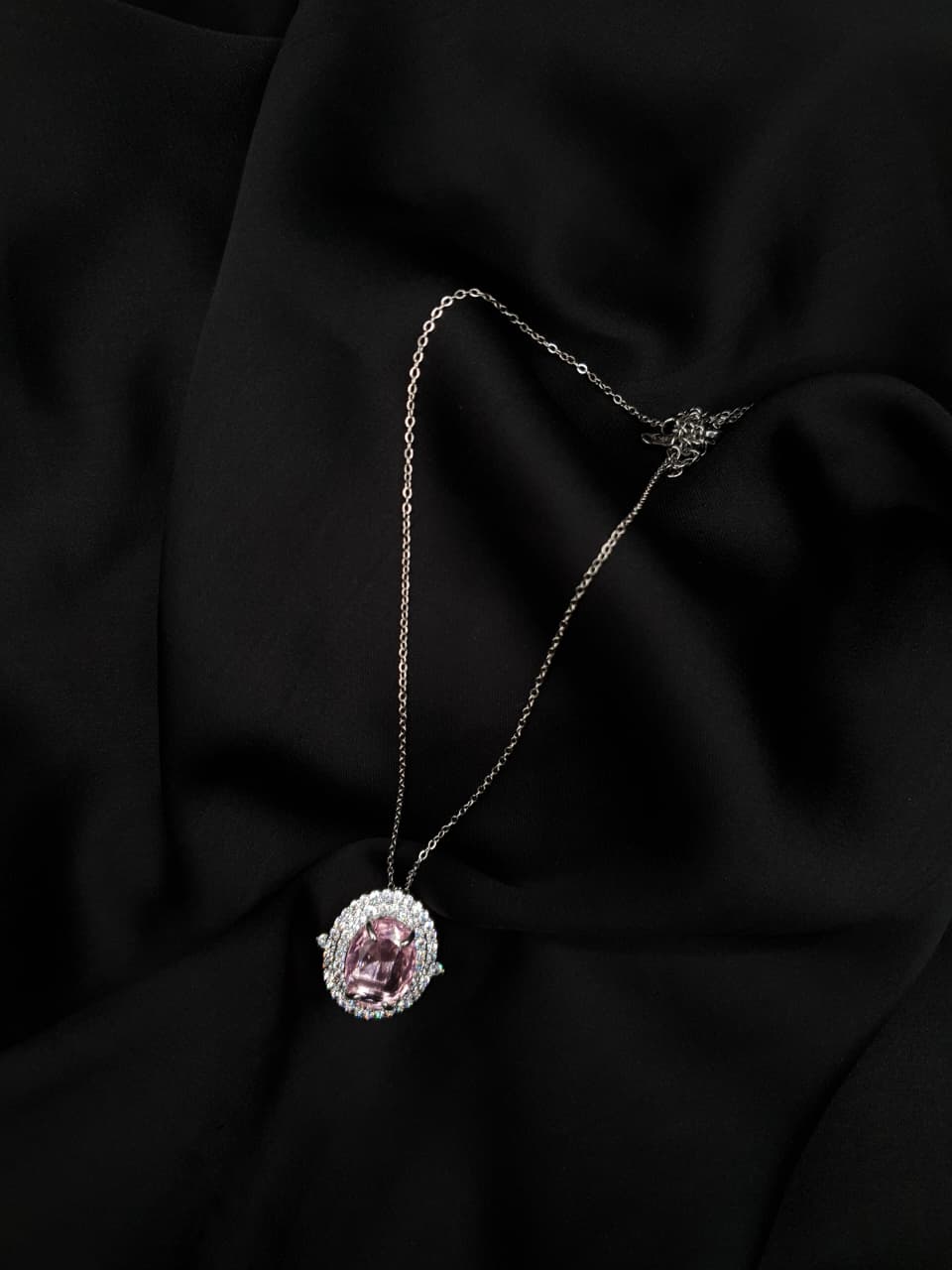Pink Oval Zirconia Halo Necklace