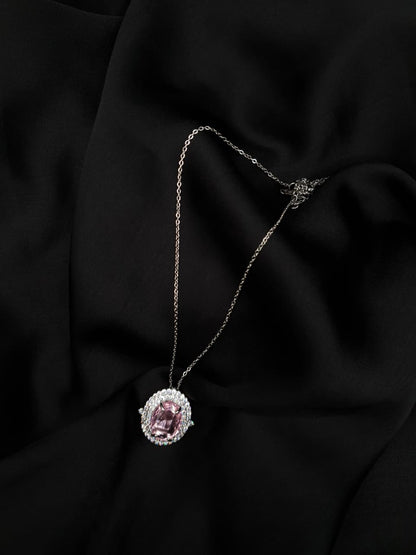Pink Oval Zirconia Halo Necklace